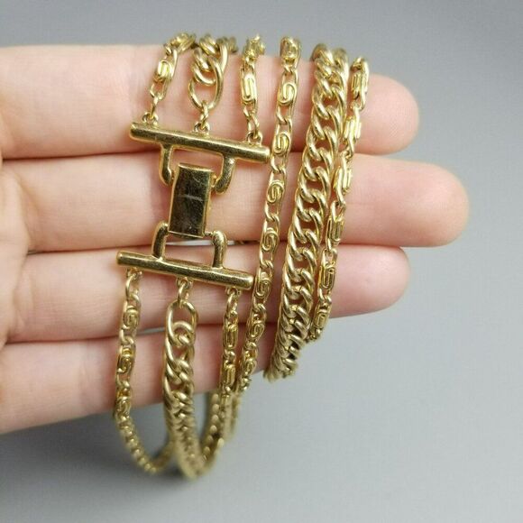 Vintage Three Strand Gold Tone Long Chain Necklace, Snail Links, 24 Inches Long - Picture 5 of 6
